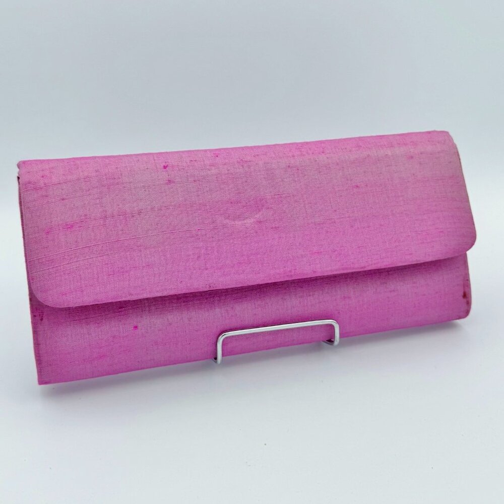 Vintage Pink Linen Sateen Snap Clutch Red Satin Interior Evening Bag Boho